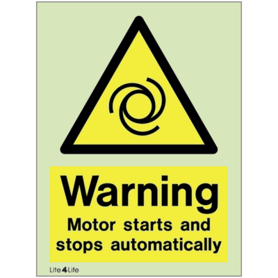 Warning signs - Warning motor starts and stops automatically with text