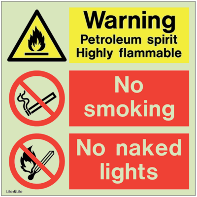 Warning signs - Warning petroleum spirit highly flammable - No smoking - No naked lights