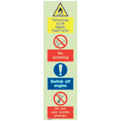 Warning signs - Warning petroleum spirit highly flammable - No smoking - Switch engine off - Do not use mobile phones