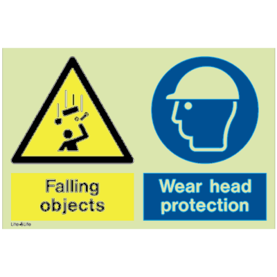 Warning signs - Warning falling objects with text - Wear head protection