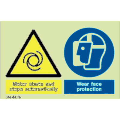 Warning signs - Warning motor starts and stops automatically with text - Wear face protection