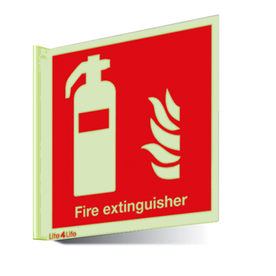 Fire Emergency Equipment & Assistance - Fire extinguisher symbol with text (Wall mounted double sided)