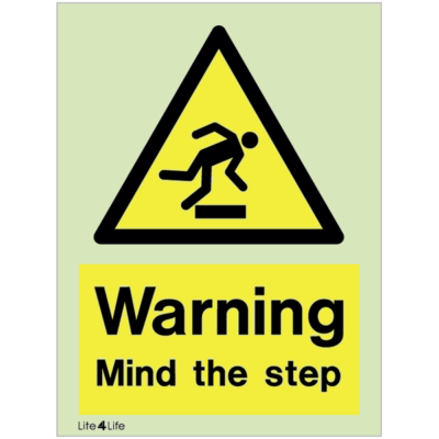 Warning signs - Warning mind the step with text