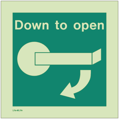 Emergency Door Operation Sign - Turn down left to open