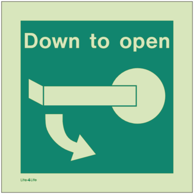 Emergency Door Operation Sign - Turn down right to open